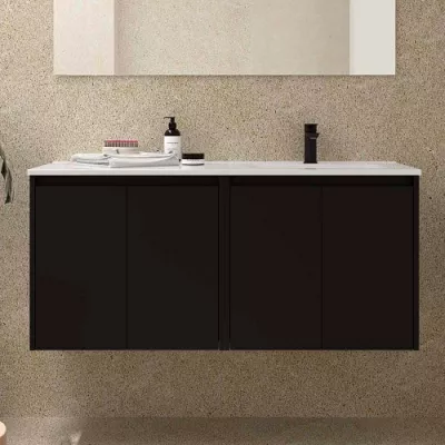 Ensemble NOJA 121cm meuble 4 portes Noir satin� + vasque � droite plan � gauche (miroir en option) - SALGAR R�f. 118773