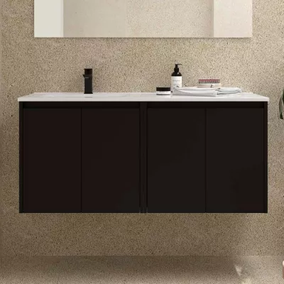 Ensemble NOJA 121cm meuble 4 portes Noir satin� + vasque � gauche plan � droite (miroir en option) - SALGAR R�f. 118763