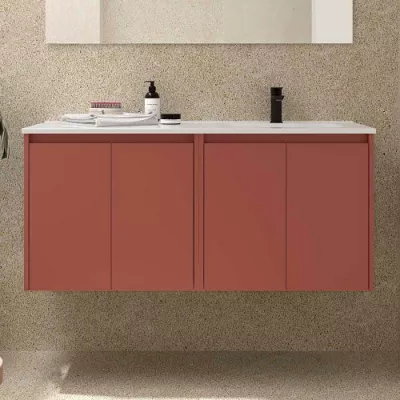 Ensemble NOJA 121cm meuble 4 portes Rouge satin� + vasque � droite plan � gauche (miroir en option) - SALGAR R�f. 118776