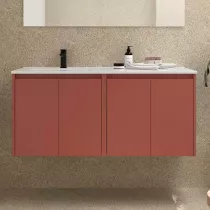 Ensemble NOJA 121cm meuble 4 portes Rouge satin&eacute; + vasque &agrave; gauche plan &agrave; droite (miroir en option) - SALGAR R&eacute;f. 118766