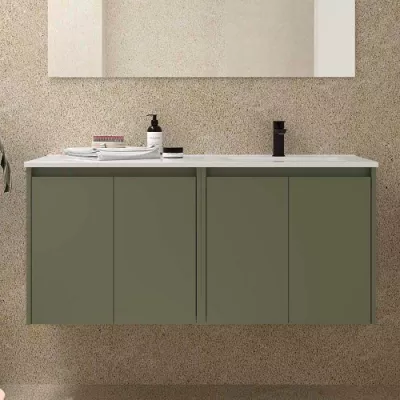 Ensemble NOJA 121cm meuble 4 portes Vert satin� + vasque � droite plan � gauche (miroir en option) - SALGAR R�f. 118775