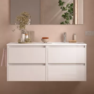 Ensemble NOJA 121cm meuble 4 tiroirs Blanc brillant  + vasque � droite plan � gauche (miroir en option)  - SALGAR R�f. 118808