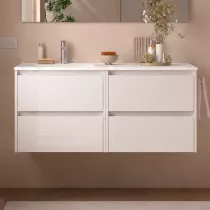 Ensemble NOJA 121cm meuble 4 tiroirs Blanc brillant + vasque &agrave; gauche plan &agrave; droite (miroir en option)  - SALGAR R&eacute;f. 118798