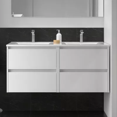 Ensemble NOJA 121cm meuble 4 tiroirs Blanc brillant + vasque double (miroir en option)  - SALGAR R�f. 106097
