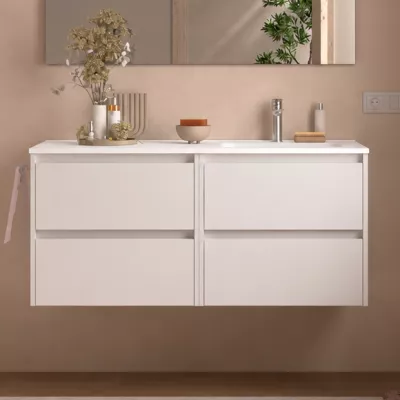 Ensemble NOJA 121cm meuble 4 tiroirs Blanc satin� + vasque � droite plan � gauche (miroir en option)  - SALGAR R�f. 118809