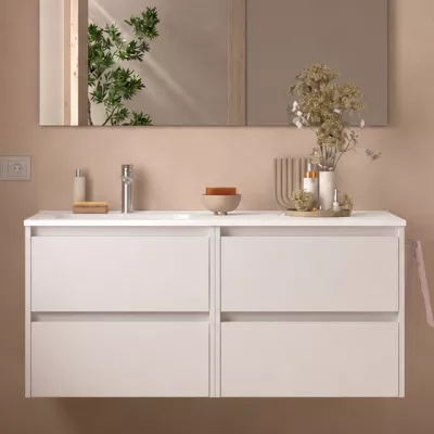 Ensemble NOJA 121cm meuble 4 tiroirs Blanc satin� + vasque � gauche plan � droite (miroir en option) - SALGAR R�f. 118799