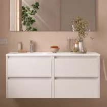 Ensemble NOJA 121cm meuble 4 tiroirs Blanc satin&eacute; + vasque &agrave; gauche plan &agrave; droite (miroir en option) - SALGAR R&eacute;f. 118799