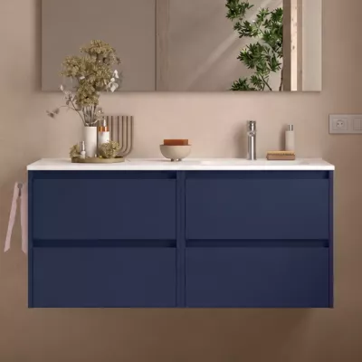 Ensemble NOJA 121cm meuble 4 tiroirs Bleu satin� + vasque � droite plan � gauche (miroir en option) - SALGAR R�f. 118811