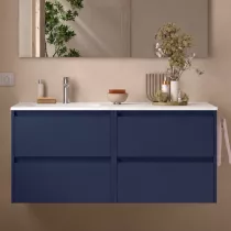 Ensemble NOJA 121cm meuble 4 tiroirs Bleu satin&eacute; + vasque &agrave; gauche plan &agrave; droite (miroir en option)  - SALGAR R&eacute;f. 118801