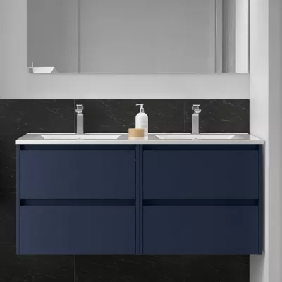 Ensemble NOJA 121cm meuble 4 tiroirs Bleu satin� + vasque double (miroir en option) - SALGAR R�f. 106100