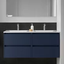 Ensemble NOJA 121cm meuble 4 tiroirs Bleu satin&eacute; + vasque double (miroir en option) - SALGAR R&eacute;f. 106100