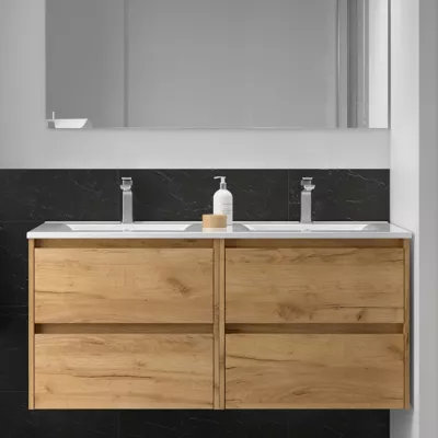Ensemble NOJA 121cm meuble 4 tiroirs Ch�ne africain + vasque double (miroir en option) - SALGAR R�f. 106104