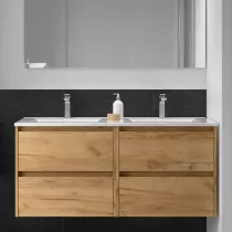 Ensemble NOJA 121cm meuble 4 tiroirs Ch&ecirc;ne africain + vasque double (miroir en option) - SALGAR R&eacute;f. 106104