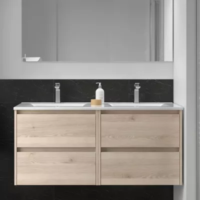 Ensemble NOJA 121cm meuble 4 tiroirs Ch�ne naturel + vasque double (miroir en option) - SALGAR R�f. 106103