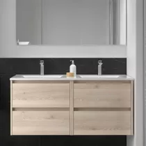 Ensemble NOJA 121cm meuble 4 tiroirs Ch&ecirc;ne naturel + vasque double (miroir en option) - SALGAR R&eacute;f. 106103