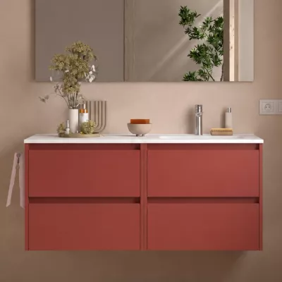 Ensemble NOJA 121cm meuble 4 tiroirs Rouge  satin� + vasque � droite plan � gauche (miroir en option) - SALGAR R�f. 118813