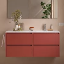 Ensemble NOJA 121cm meuble 4 tiroirs Rouge  satin&eacute; + vasque &agrave; droite plan &agrave; gauche (miroir en option) - SALGAR R&eacute;f. 118813