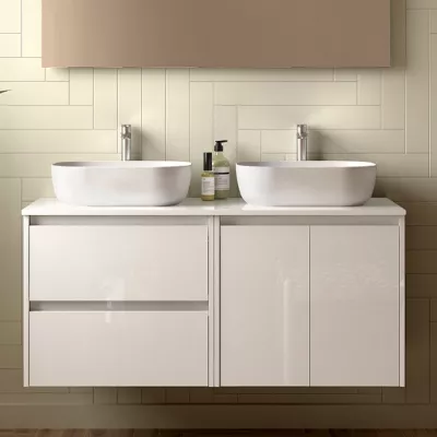 Ensemble NOJA 140cm meuble 2 tiroirs 2 portes Blanc brillant + plan (vasque & miroir en option) - SALGAR R�f. 113474