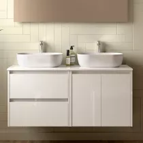 Ensemble NOJA 140cm meuble 2 tiroirs 2 portes Blanc brillant + plan (vasque & miroir en option) - SALGAR R&eacute;f. 113474