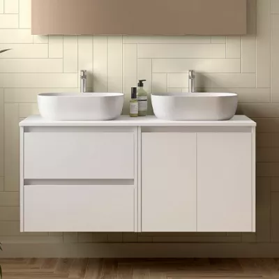 Ensemble NOJA 140cm meuble 2 tiroirs 2 portes Blanc satin� + plan (vasque & miroir en option) - SALGAR R�f. 113475