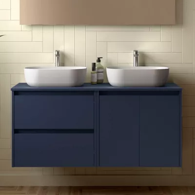 Ensemble NOJA 140cm meuble 2 tiroirs 2 portes Bleu satin� + plan (vasque & miroir en option) - SALGAR R�f. 113477