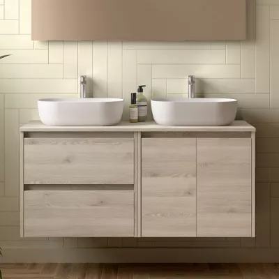 Ensemble NOJA 140cm meuble 2 tiroirs 2 portes Ch�ne naturel + plan (vasque & miroir en option)- SALGAR R�f. 113480