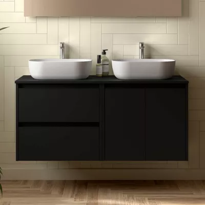 Ensemble NOJA 140cm meuble 2 tiroirs 2 portes Noir satin� + plan (vasque & miroir en option) - SALGAR R�f. 113476