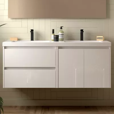 Ensemble NOJA 141cm meuble 2 tiroirs 2 portes Blanc brillant  + vasque double (miroir en option) - SALGAR R�f. 113456