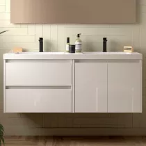 Ensemble NOJA 141cm meuble 2 tiroirs 2 portes Blanc brillant  + vasque double (miroir en option) - SALGAR R&eacute;f. 113456