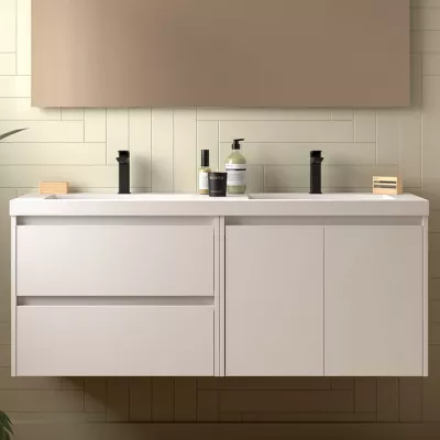 Ensemble NOJA 141cm meuble 2 tiroirs 2 portes Blanc satin� + vasque double (miroir en option) - SALGAR R�f. 113457
