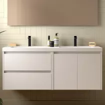 Ensemble NOJA 141cm meuble 2 tiroirs 2 portes Blanc satin&eacute; + vasque double (miroir en option) - SALGAR R&eacute;f. 113457