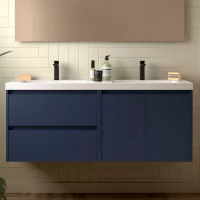 Ensemble NOJA 141cm meuble 2 tiroirs 2 portes Bleu satin� + vasque double (miroir en option) - SALGAR R�f. 113459