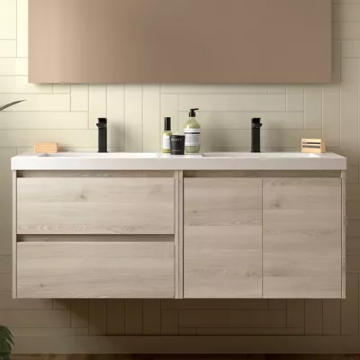 Ensemble NOJA 141cm meuble 2 tiroirs 2 portes Ch�ne naturel  + vasque double (miroir en option) - SALGAR R�f. 113462