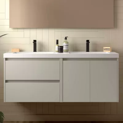 Ensemble NOJA 141cm meuble 2 tiroirs 2 portes Gris satin� + vasque double (miroir en option) - SALGAR R�f. 118578