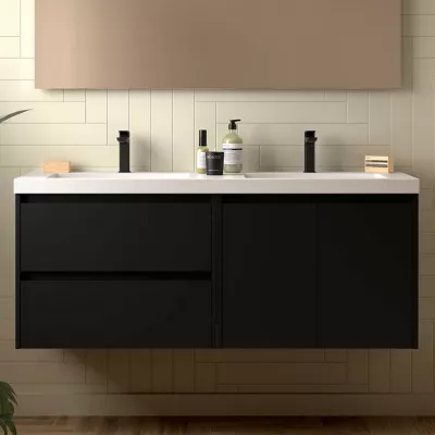 Ensemble NOJA 141cm meuble 2 tiroirs 2 portes Noir satin� + vasque double (miroir en option) - SALGAR R�f. 113458