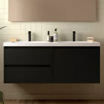 Ensemble NOJA 141cm meuble 2 tiroirs 2 portes Noir satin&eacute; + vasque double (miroir en option) - SALGAR R&eacute;f. 113458
