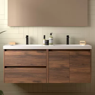 Ensemble NOJA 141cm meuble 2 tiroirs 2 portes Noyer maya + vasque double (miroir en option) - SALGAR R�f. 113464