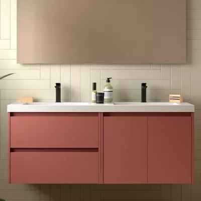 Ensemble NOJA 141cm meuble 2 tiroirs 2 portes Rouge satin� + vasque double (miroir en option) - SALGAR R�f. 113461