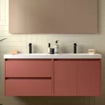 Ensemble NOJA 141cm meuble 2 tiroirs 2 portes Rouge satin&eacute; + vasque double (miroir en option) - SALGAR R&eacute;f. 113461