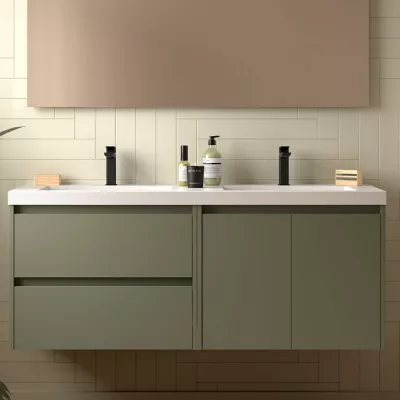 Ensemble NOJA 141cm meuble 2 tiroirs 2 portes Vert satin� + vasque double (miroir en option) - SALGAR R�f. 113460
