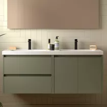 Ensemble NOJA 141cm meuble 2 tiroirs 2 portes Vert satin&eacute; + vasque double (miroir en option) - SALGAR R&eacute;f. 113460