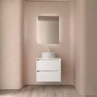 Ensemble NOJA 60cm meuble 2 tiroirs Blanc brillant + plan (vasque & miroir en option) - Salgar R�f. 105453