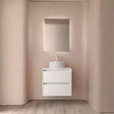 Ensemble NOJA 60cm meuble 2 tiroirs Blanc satin� + plan (vasque & miroir en option) - Salgar R�f. 105454