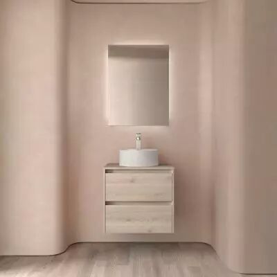 Ensemble NOJA 60cm meuble 2 tiroirs Ch�ne naturel + plan (vasque & miroir en option) - Salgar R�f. 105459