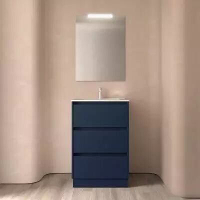 Ensemble NOJA 61cm meuble 3 tiroirs Bleu satin� + vasque (plinthe & miroir en option) - Salgar R�f. 106244