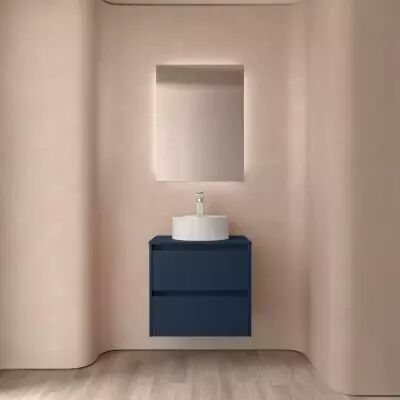 Ensemble NOJA 70cm meuble 2 tiroirs Bleu satin� + plan (vasque & miroir en option) - Salgar R�f. 105465