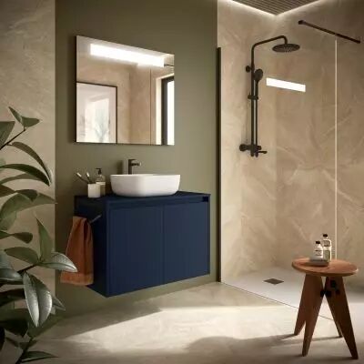 Ensemble NOJA 80cm meuble 2 portes Bleu satin� + plan (vasque & miroir en option) - Salgar R�f. 105555