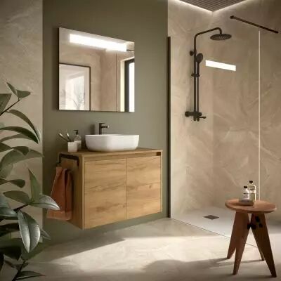 Ensemble NOJA 80cm meuble 2 portes Ch�ne Africain + plan (vasque & miroir en option) - Salgar R�f. 105559
