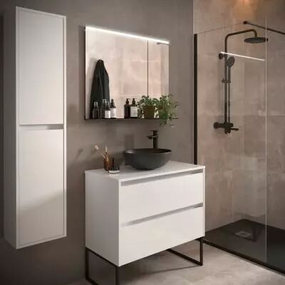 Ensemble NOJA 80cm meuble 2 tiroirs Blanc brillant + plan (vasque & miroir en option) - Salgar R�f. 105471