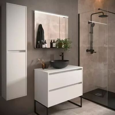Ensemble NOJA 80cm meuble 2 tiroirs Blanc satin� + plan (vasque & miroir en option) - Salgar R�f. 105472